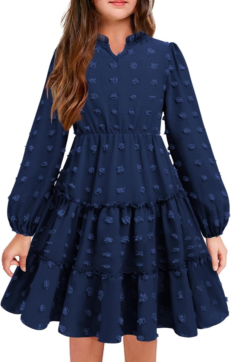 Jurk voor meisjes, feestelijke volant, V-hals, lange mouwen, Swiss Dot chiffonjurk, A-lijn, feestjurk, bruiloft, prinsessenjurk, swing, skaterjurk, 5-12 jaar