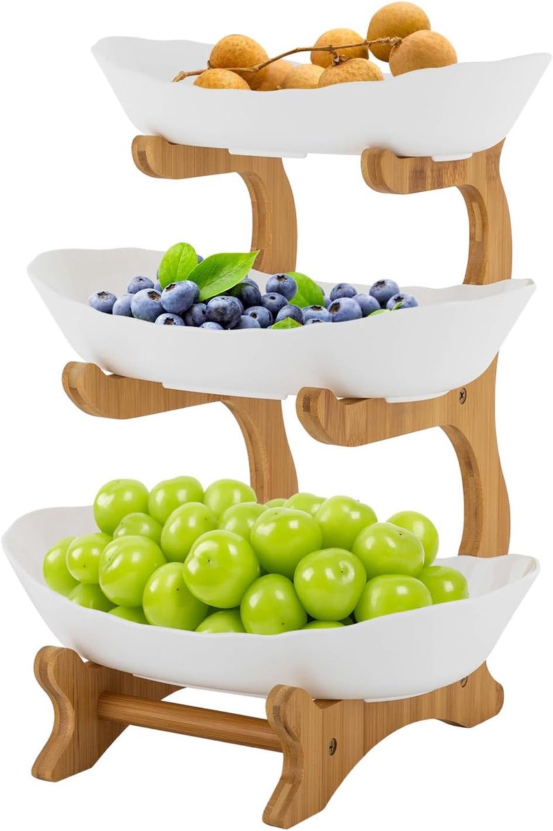3 etages fruitmand etagère, keramische fruitmand ovale komset met bamboe standaard fruitschaal serveerschaal etagère voor fruit, groenten, cake, wit
