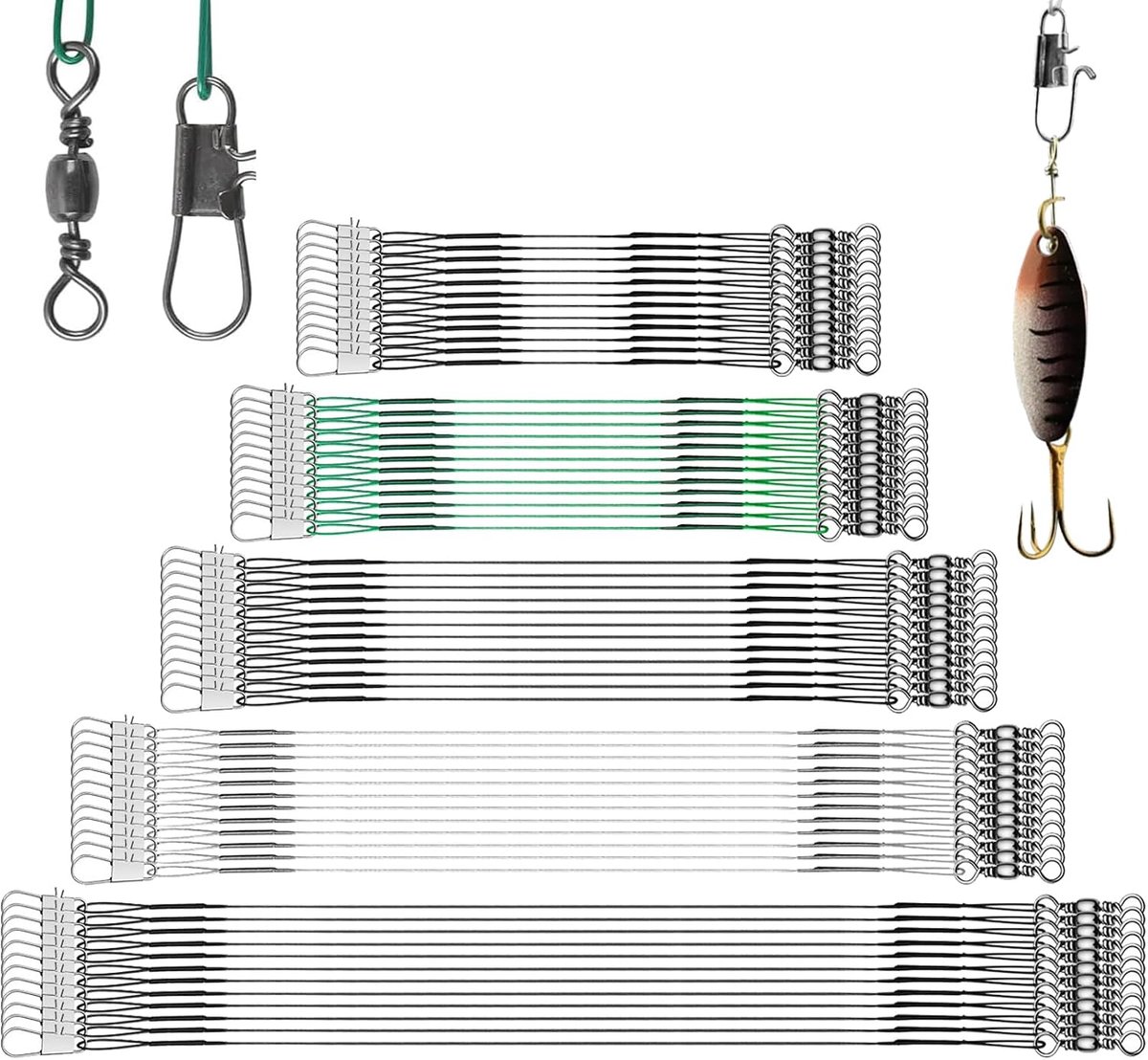 60 stuks roestvrijstalen draadsporen, 5 maten 10/15/20/25/30cm | Leiders voor anti-bijtvissen met wartelsnap, vislijnvisaccessoires voor aasinstallaties, zoutwater en zoetwater