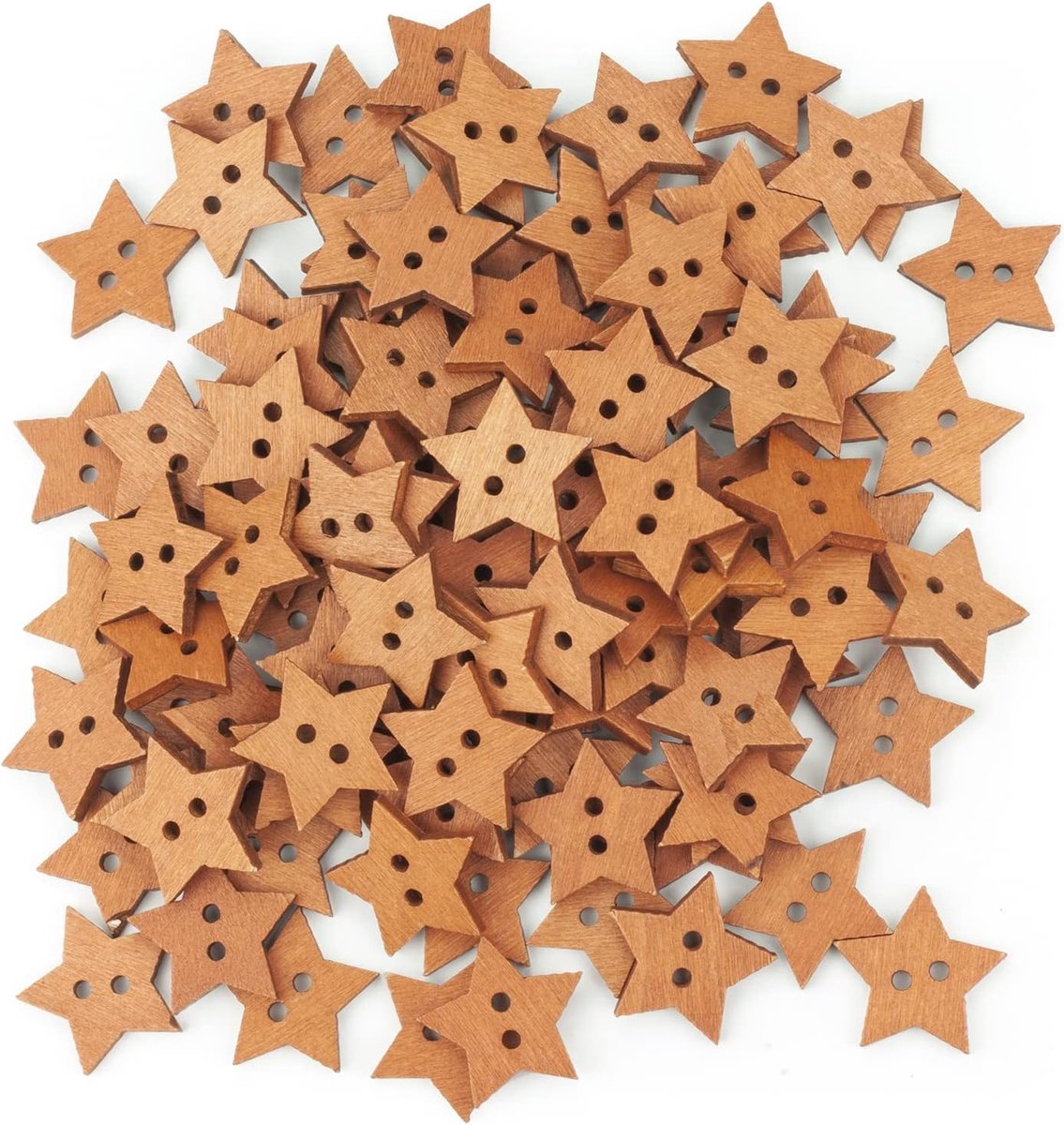 Knopen van hout in stervorm, in bruin naturel, met 2 gaten, afmetingen: elk 20 mm diameter
