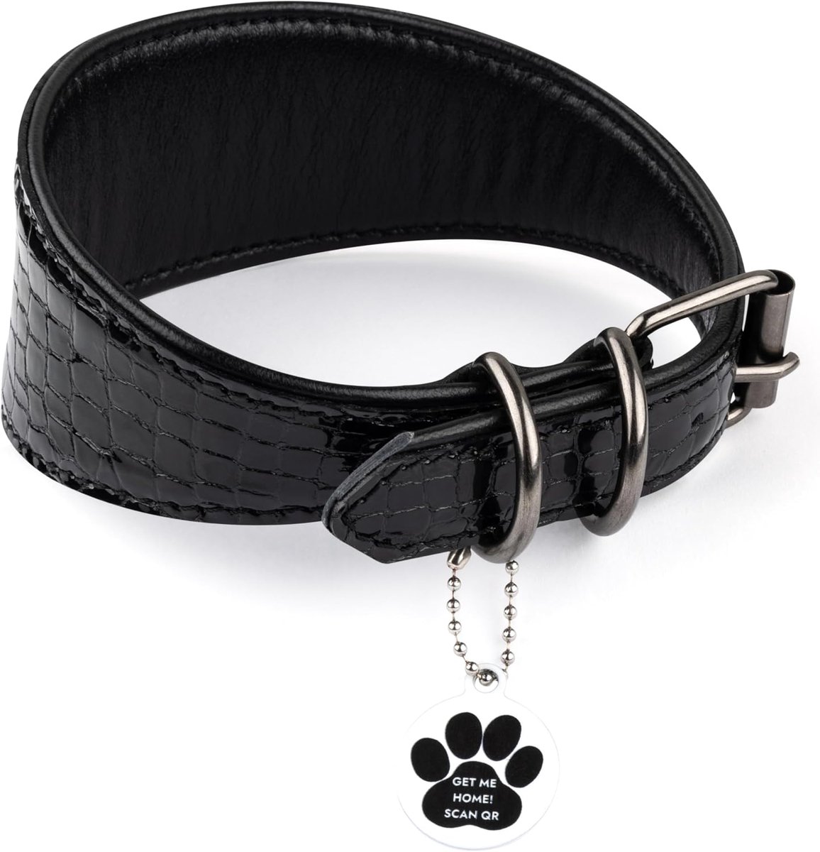 leren halsband met QR-label voor windhond, Italiaanse windhond, Saluki, Borzoi, Lurcher, Spaanse windhond, Azawakh, Xoloitzcuintli, handgemaakte hondenhalsband van leer (zwart, L)