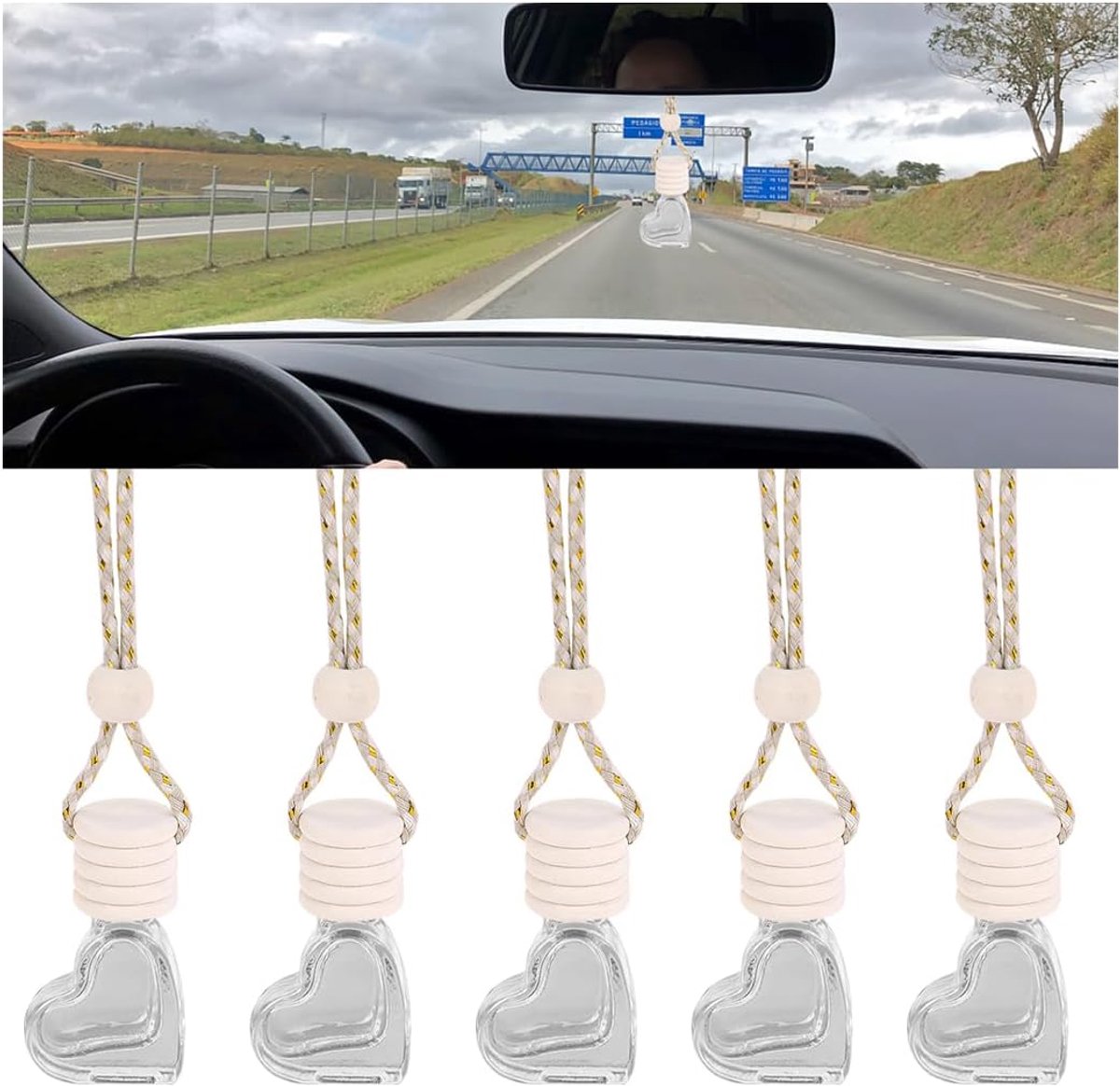 5 stuks lege parfumflesjes voor in de auto, aromatherapie, etherische olie, diffuser, fles, hangende fles voor luchtverfrisser, geurverspreider voor auto's, cadeaus voor vrouwen (liefdeshartvorm)