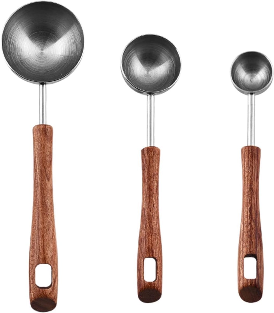 3-delige koffiemaatlepelset, roestvrijstalen koffielepel met zwarte walnoothouten handgreep, meetinstrument voor vloeistoffen en vaste stoffen, voor de kookkeuken (4 ml/8 ml/25 ml)