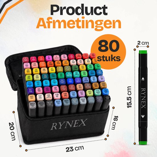 Doos met 80 RYNEX markers, 23x20x16cm. Één marker met afmetingen 15.5cm lang, 2cm diameter.