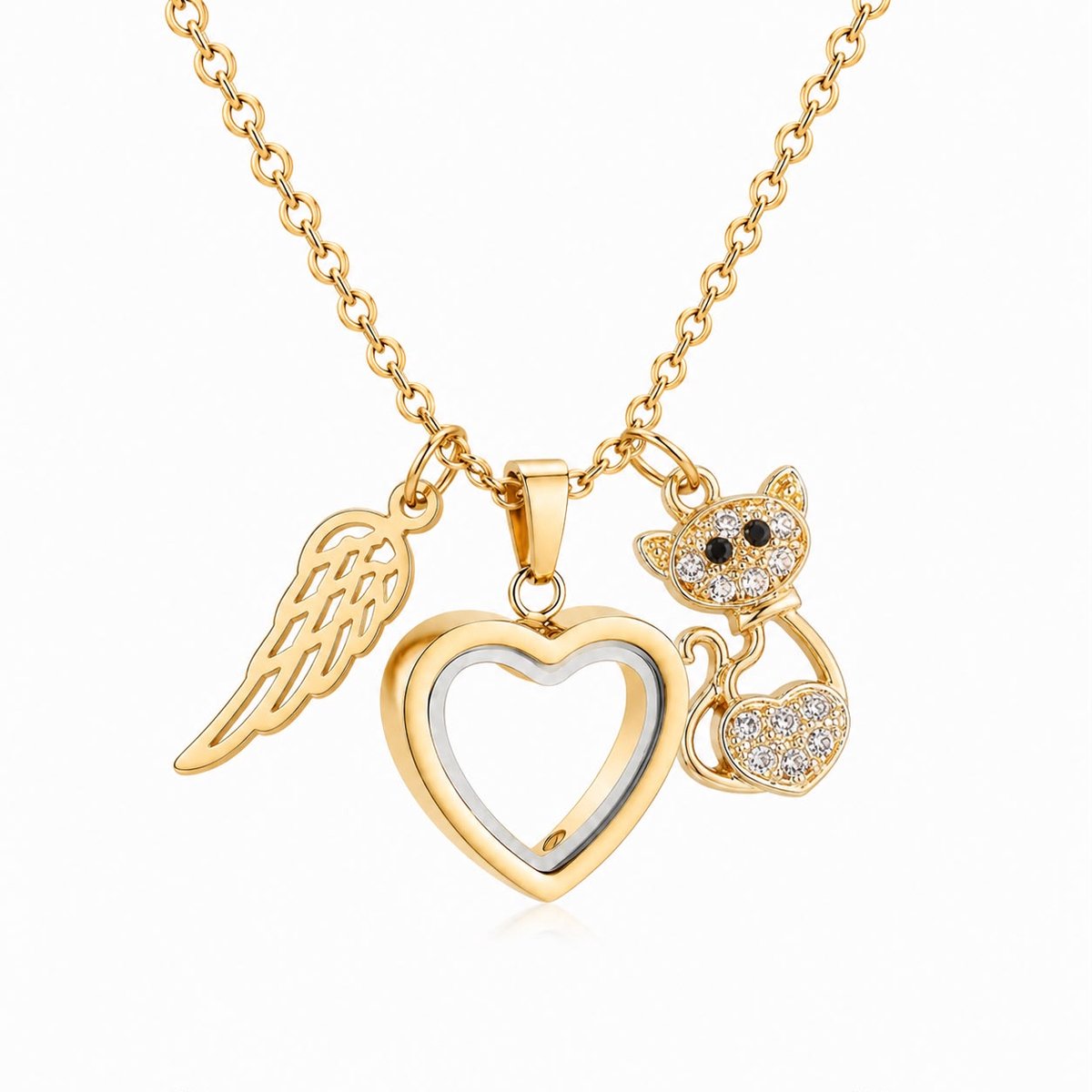 Ashanger Kat | Ashanger Kat met Hart en Vleugel | Ashanger a Cats Memory | Goud | Asketting Poes met Kristallen Bedeltjes – RVS Gedenksieraad Huisdier – Inclusief Ketting – Petshop Seven