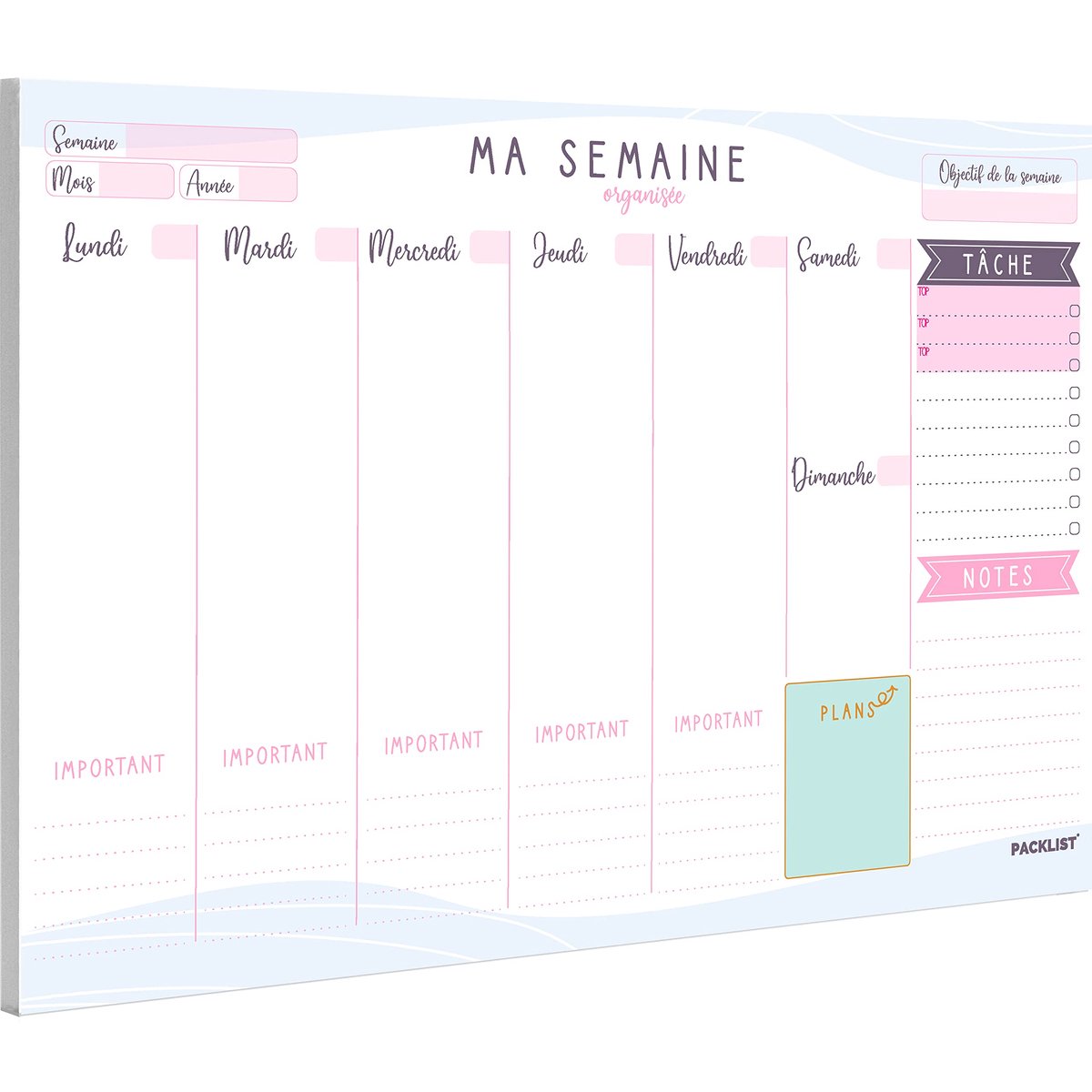 SnelShoppen - PACKLIST® A4 Weekplanner in het FRANS - Wekelijkse Bureau Agenda & To-Do Lijst Blok, Eenvoudig Organiseren met Design, 52 Bladen, Perfec
