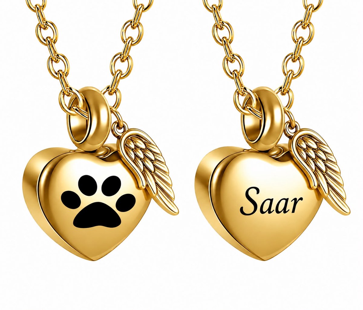 Gepersonaliseerde Ashanger Huisdier met Naam – Ashanger Hart met Pootafdruk Engelenvleugel en Naam – Ashanger Huisdier Graveren - RVS Gedenksieraad Hond & Kat – Inclusief Schakelketting – Goud – Ashanger Vleugelhart