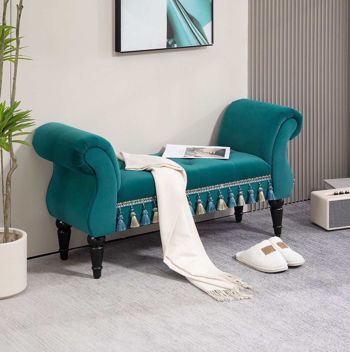 HAUSS SPOLE Zitbank – 117 x 40 x 58 cm – Vintage Samtoptiek Met Zachte Bekleding – Massief Hout – Groen – Voor Slaapkamer, Woonkamer En Hal