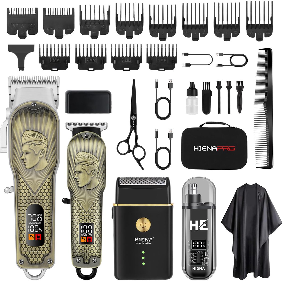 SnelShoppen - HIENA PRO Professionele Draadloze Tondeuse voor Mannen, Kappers, Trimmer met Foliescheerapparaat, Neustrimmer en LED Kapselset voor Thui
