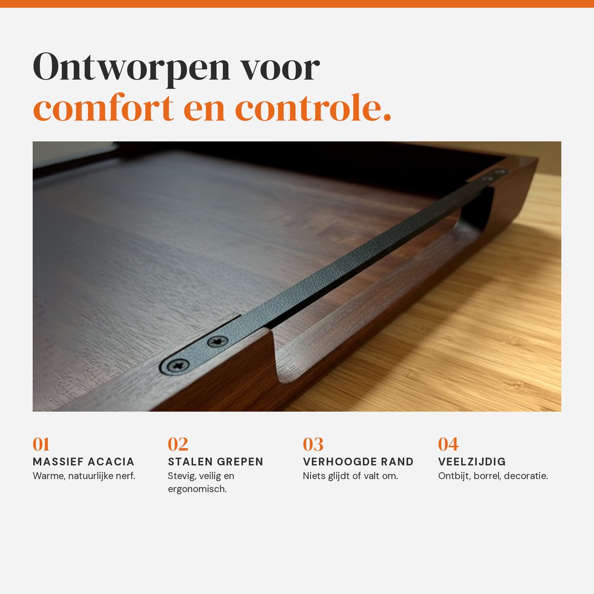 Dienblad XL Hout 53x43 cm — Acaciahout Rechthoekig — Met Stevige Metalen Handgrepen — Extra Groot voor Ontbijt op Bed, Serveerplaat, Schootdienblad — Belgisch Merk Les Plaisirs du Chef — cadeau in Koken & Dineren - foto 3
