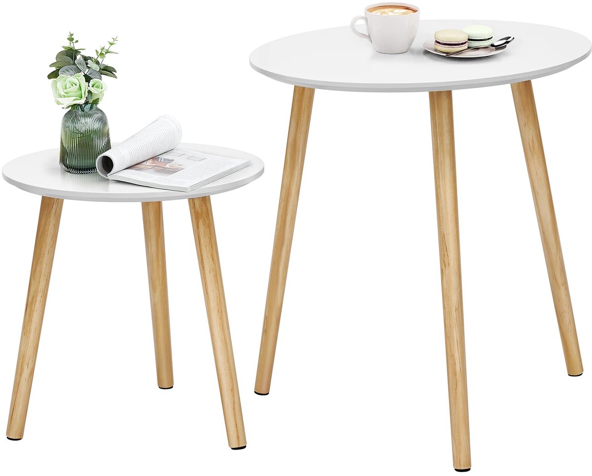 Novyro Living ronde bijzettafels - set van 2 stuks - scandinavisch design - wit - massief hout - 45/35 cm - salontafel