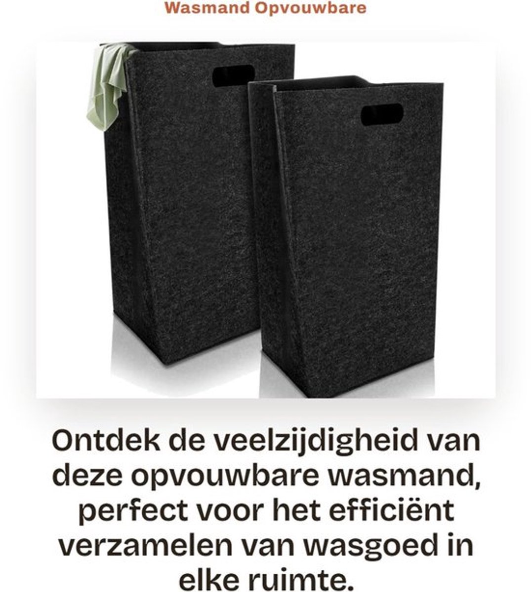 Wasmand 60 Liter - Opvouwbare Wasverzamelaar - Smalle Wasmand - Vilten Wasmand - Zwart - Geschikt voor Slaapkamer/Badkamer