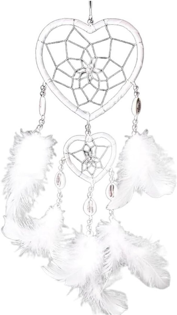 Decoratieve vintage dromenvanger in hartvorm met veren voor auto- en slaapkamerdecoratie - Boho-stijl - Wit