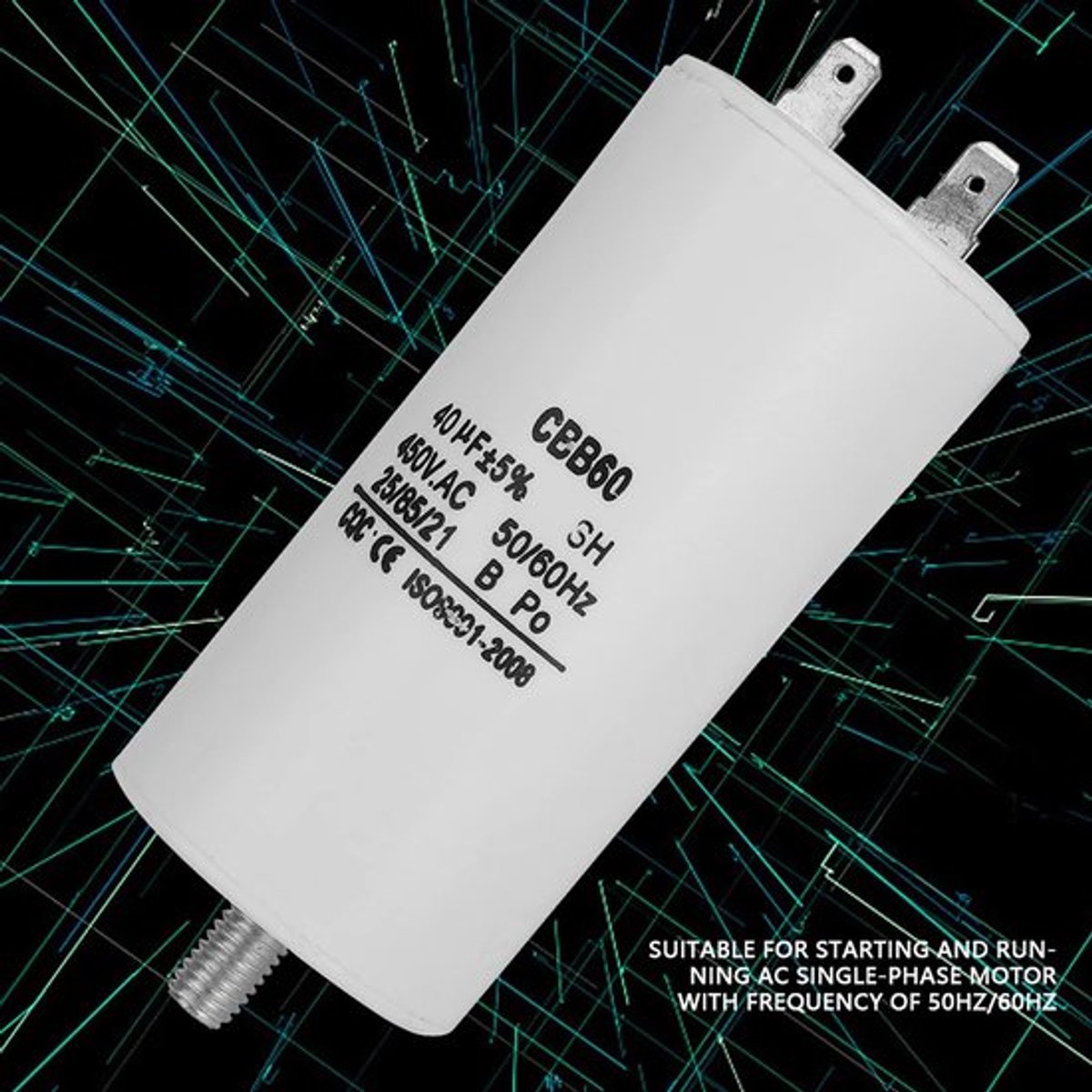 - Startcapacitor - 40 Microfarad - Hoge isolatieweerstand - 450 Volt - Geschikt voor wasmachines - Compact ontwerp - Lange levensduur