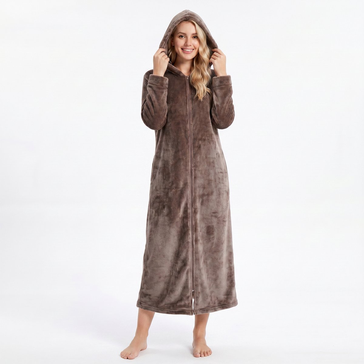 Extra Lange Dames Rits Badjas met Capuchon en Zijzakken - Ochtendjas - Superzacht Coral Fleece - Koffiebruin - Maat L/XL - 8206-Coffee