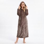Peignoir extra long pour femme avec fermeture éclair, capuche et poches latérales - Robe de chambre - Polaire corail super douce - Marron café - Taille L/XL - 8206-Coffee