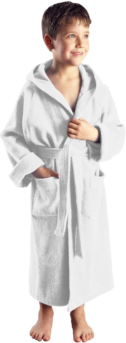 SnelShoppen - Kinderbadjas Wit 164 cm, 100% Katoenen Badstof met Capuchon, Perfect voor Thuis, Zwemmen, Bad of Feestjes