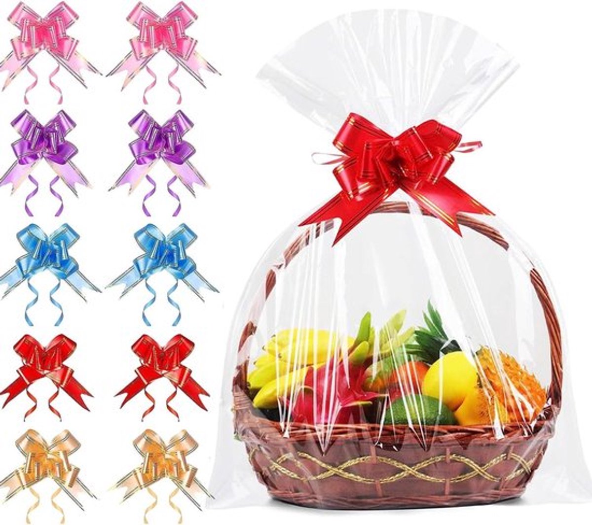Transparante geschenkfolie cellofaanzakjes 10 stuks 65 x 93 cm - Grote mand verpakkingstas voor kerstcadeau kreukelvrij wikkelcadeau