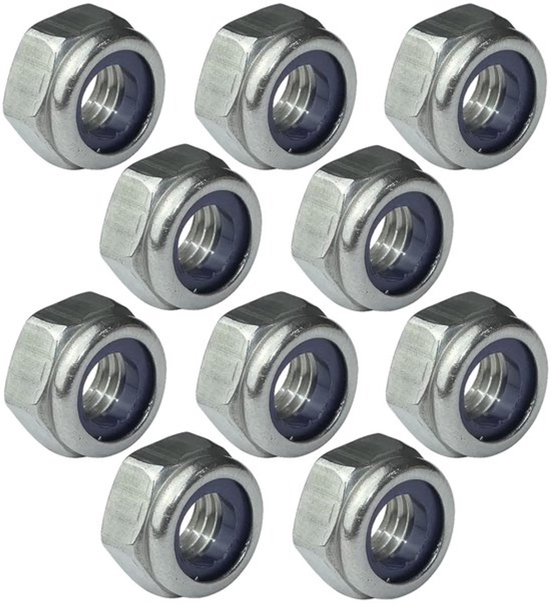 Set van 10 zeskant borgmoeren M8 buiten 13mm - roestvrij staal - zelfborgende moeren met nylonring - DIN 985