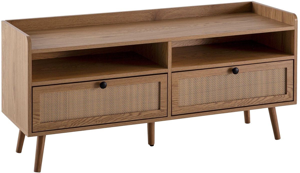 Ervesto Tv-meubel - Lowboard 120x56x39 Cm - Tv-kast Met Eiken Decor En Rotan - Met Lades En Open Vakken - Modern Woonkamer Dressoir