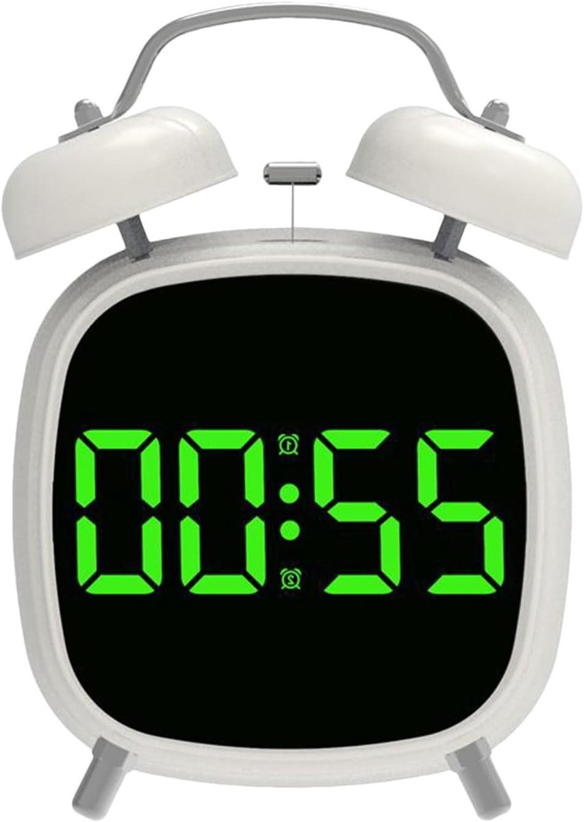 Digitale Wekker - Klok Alarm - Wakker Worden - Dubbel Belsysteem - 12x8x18cm - Wit Groen Licht
