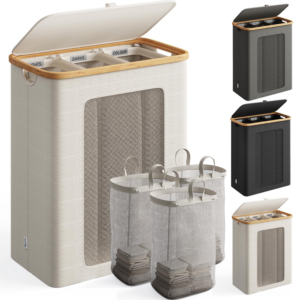 SnelShoppen - Klyvvo Wasmand met Deksel, 160L Wasverzamelaar met 3 Vakken, Bamboeframe en Waterdichte 600D Oxford-stof, Beige, Ideaal voor Slaapkamer