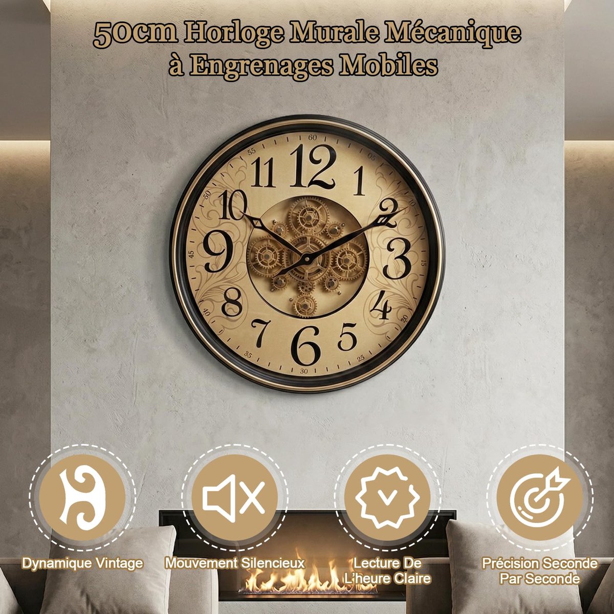 SnelShoppen - Grote draaibare wandklok 50 cm steampunk industrieel vintage met Romeinse cijfers, donkerbeige, ideaal voor woonkamer, slaapkamer, keuke