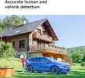 AI-detectie toont een persoon en een auto bij een huis, met de tekst 'Accurate human and vehicle detection'.