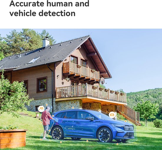 AI-detectie toont een persoon en een auto bij een huis, met de tekst 'Accurate human and vehicle detection'.