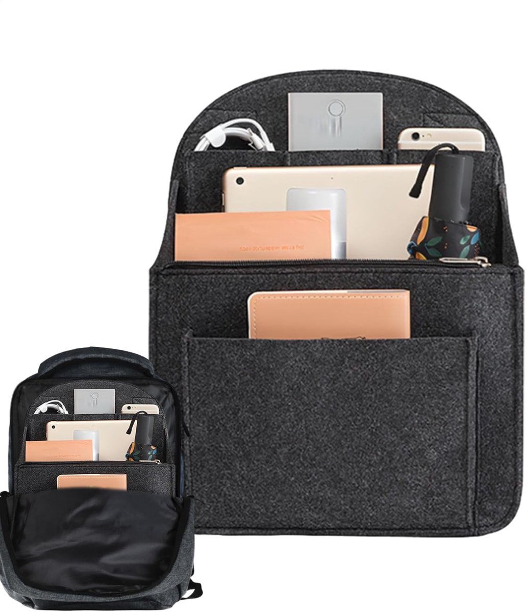 Backpack Organizer Inzet - Rugzak Organizer met Meerdere Vakken - Tas Indeling voor School Werk en Reizen - Lichtgewicht Vilt Opberg Insert - Zwart 27x20x10cm