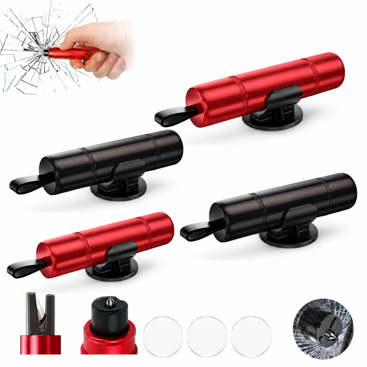 Veiligheidshamer / Noodhamer Auto - 2 in 1 Ruitenbreker & Gordelsnijder - Set van 4 - Inclusief Testglas & Zelfklevende Houder - Draagbare Auto Veiligheidsset - Rood en Zwart - SOLLBRY®