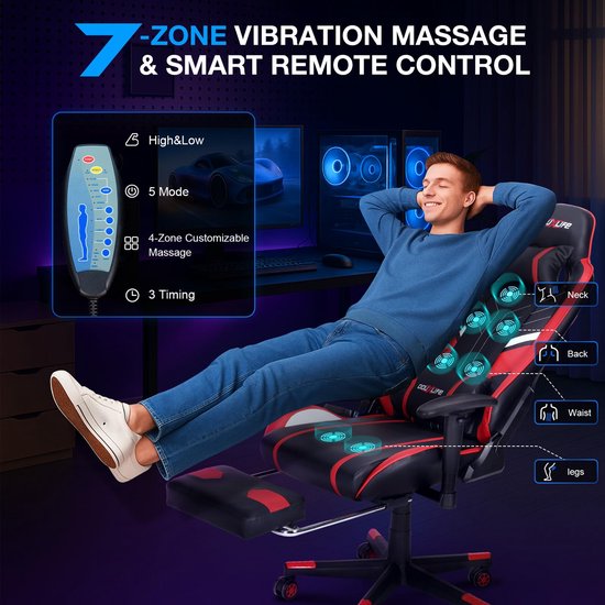 Douxlife Gaming Stoel, met 7-punts Massage, Ergonomische bureaustoel met Voetensteun, 90-175° Rugleuning Instelbaar, Verstelbare 2D-Armleuning, PC-gamerstoel, Bureaustoel, 180 kg, Zwart-rood — afbeelding 2