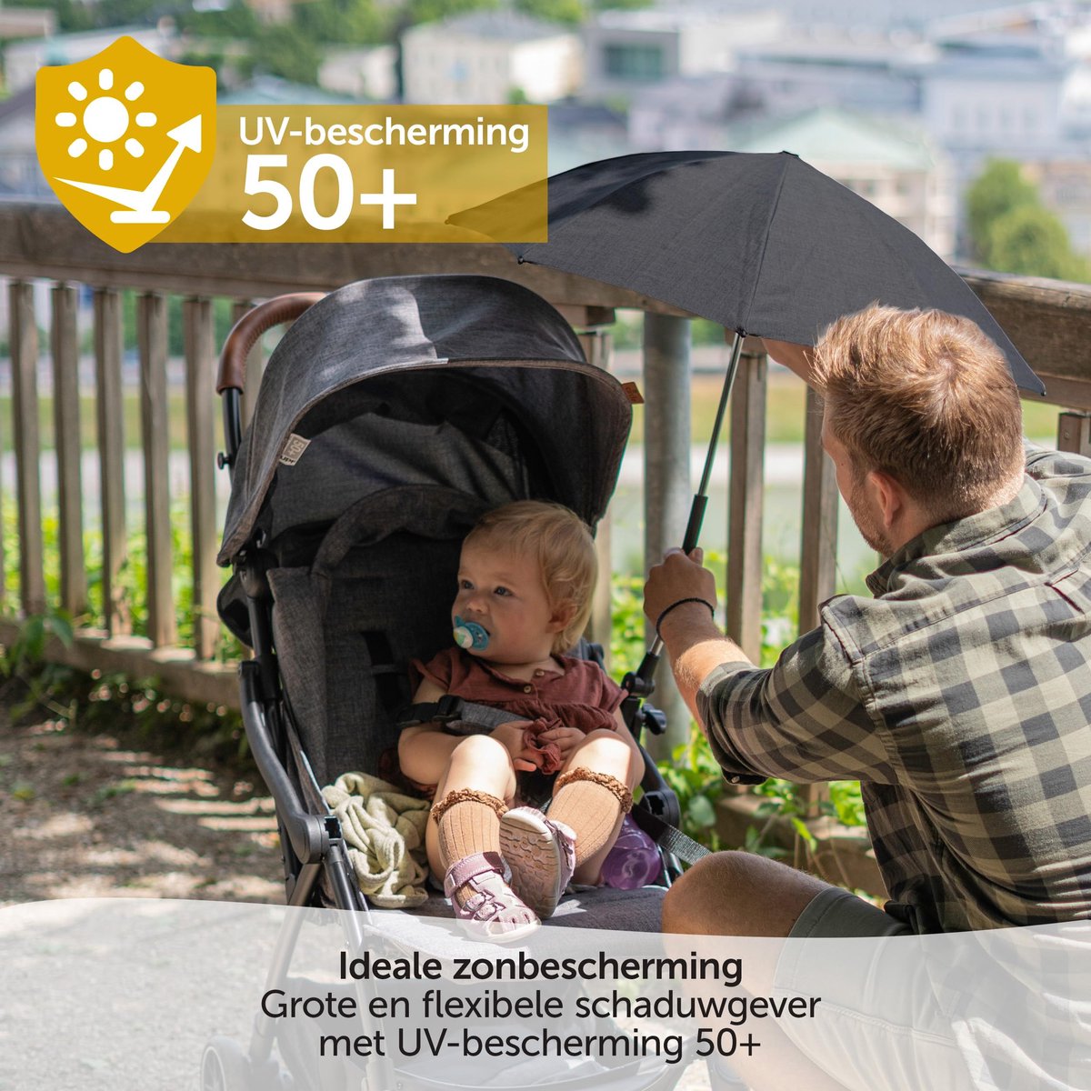 SnelShoppen - Zamboo Baby Parasol voor Kinderwagen, Buggy of Wandelwagen - UV-Zonbescherming - Universele Klem - Diameter 73 cm - Zwart