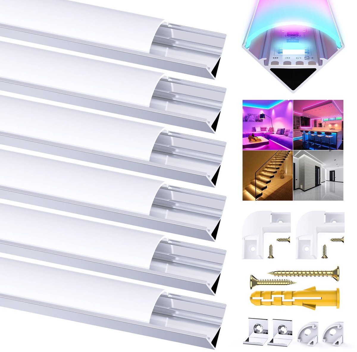 SnelShoppen - Chesbung LED-profiel V-vorm 6 x 1 m voor LED-strips tot 12 mm - Aluminium kanaal met melkwitte diffuser, eindkappen en montageclips voor