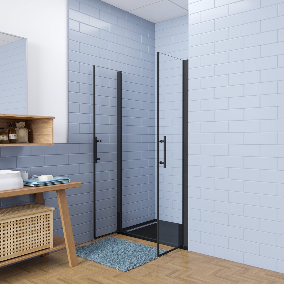 Aica industriële stijl dubbele draaideuren 80x195cm incl. Ultraplatte zwart douchebak 80x140cm incl. sifon - 6mm gehard veiligheidsglas easyclean - mat zwarte aluminium Profiel