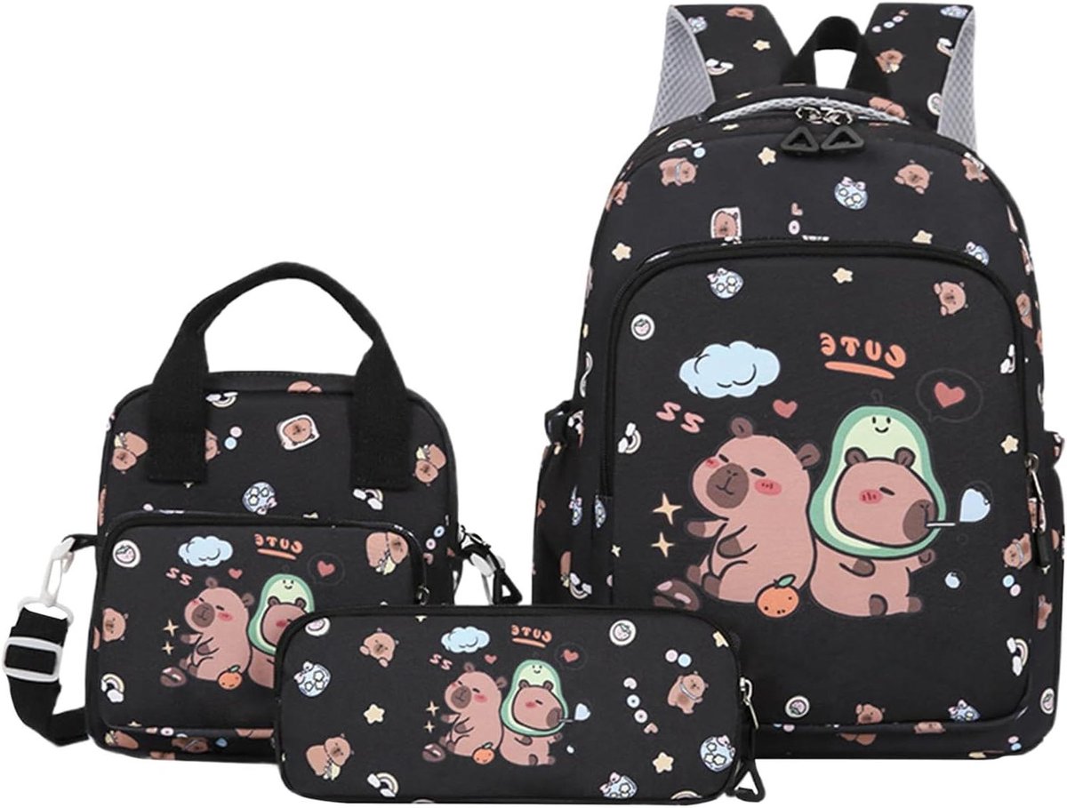 Schoolboeken Rugzak Set - Kinderrugzak met Lunchtas - Naar School Gaan - Capybara Thema Ontwerp