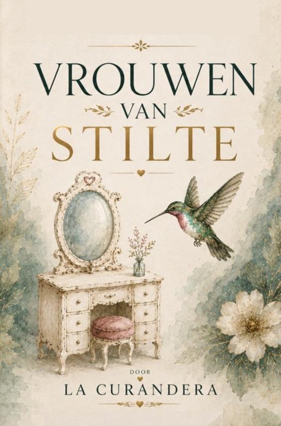 Boek 'Vrouwen van Stilte' met een antiek wit kaptafeltje, krukje, spiegel, vaasje met bloemen, een kolibrie en een bloem.