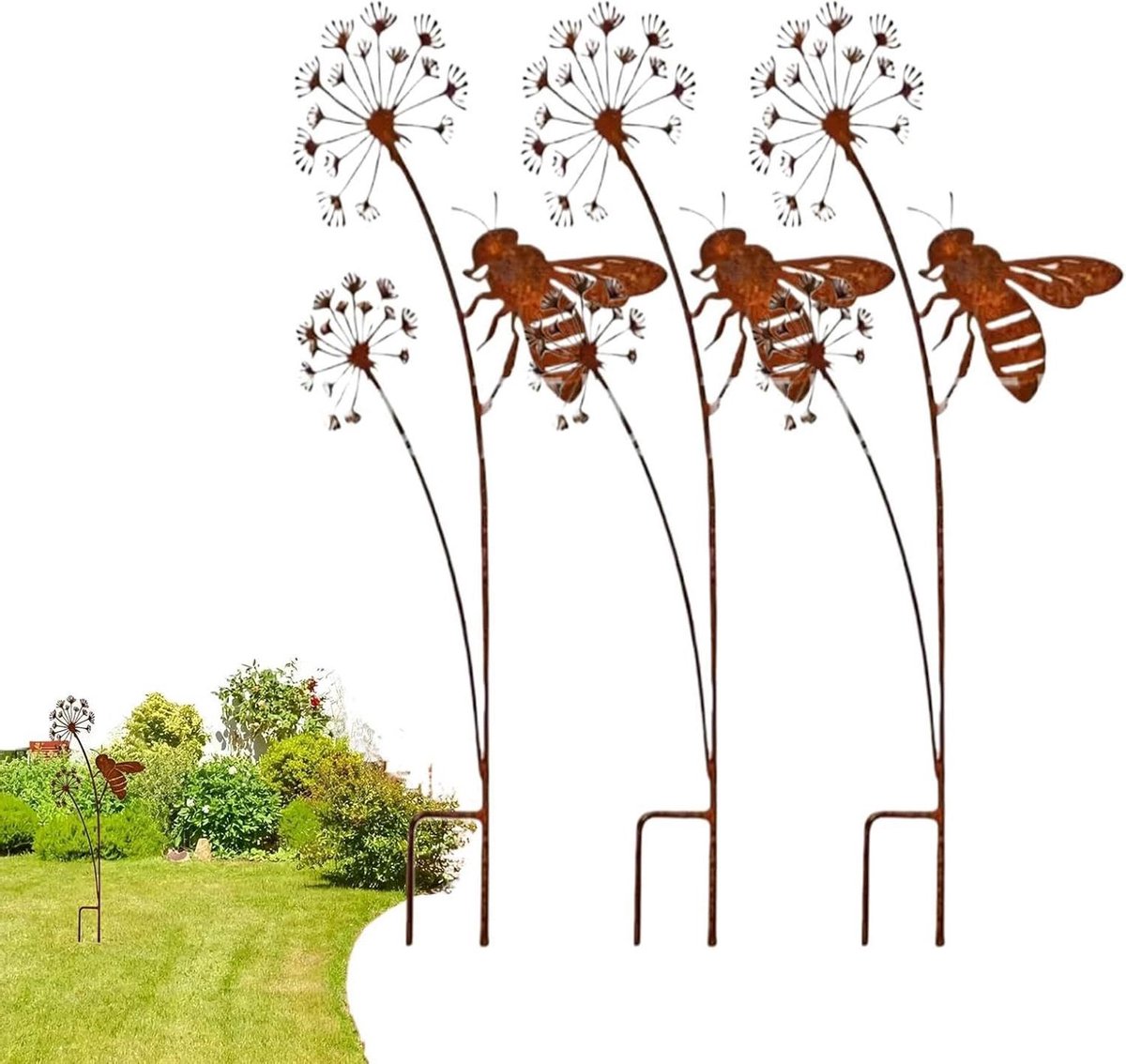 Decoratieve Tuinstaken - Bijen Kunst - Tuin Decoratie - Ambachtelijke Roest - 3 Stuks - Roestkleur