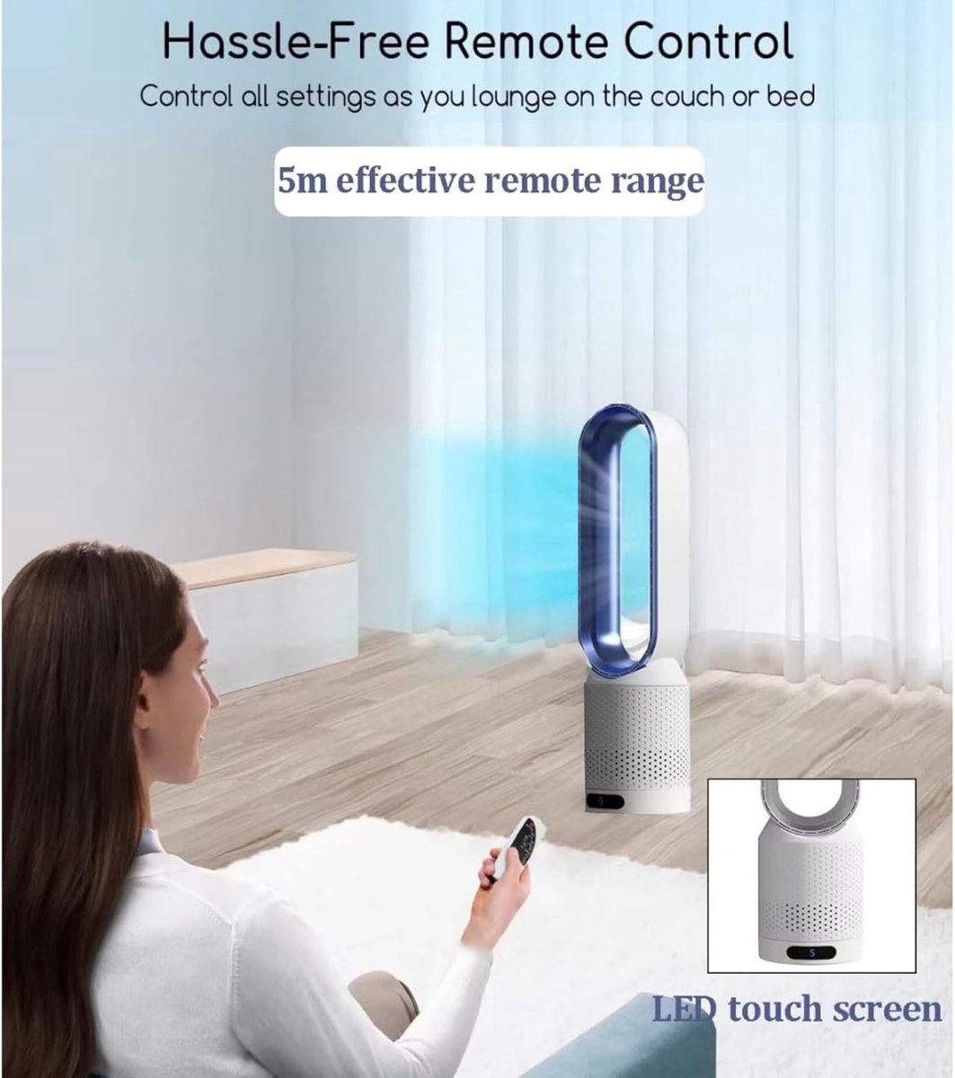 Bladloze Torenventilator - Staande Ventilator Zuiveraar - Frisse Lucht Creëren - Veilig Zonder Bladen - 58 cm - Blauw – foto 6
