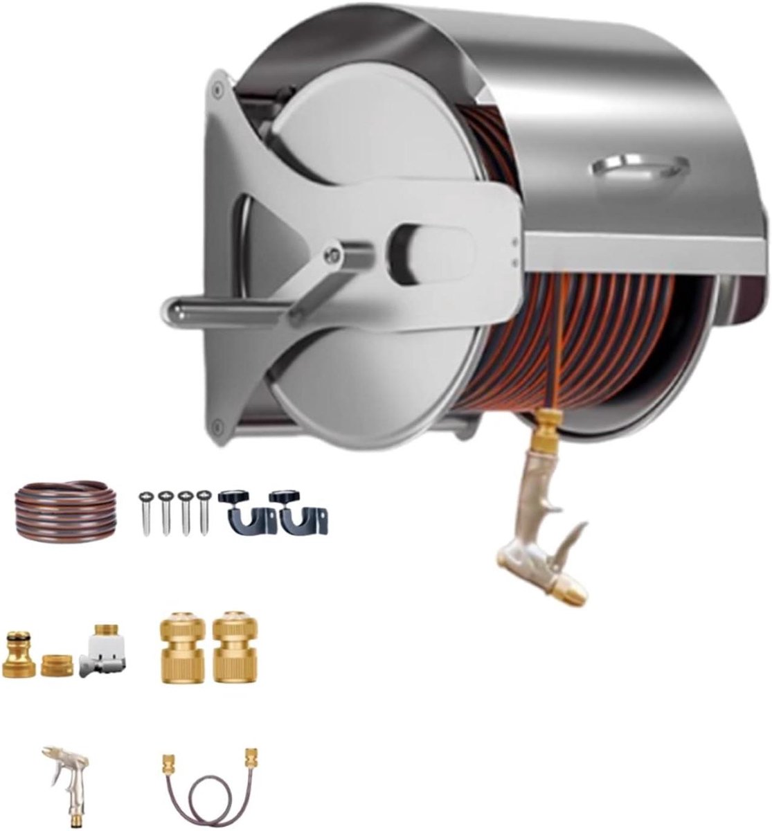 Slangenhaspel RVS - Tuinslanghouder Metaal - Tuin Water Geven - Anti-corrosie Frame - Max 50M - Zilver