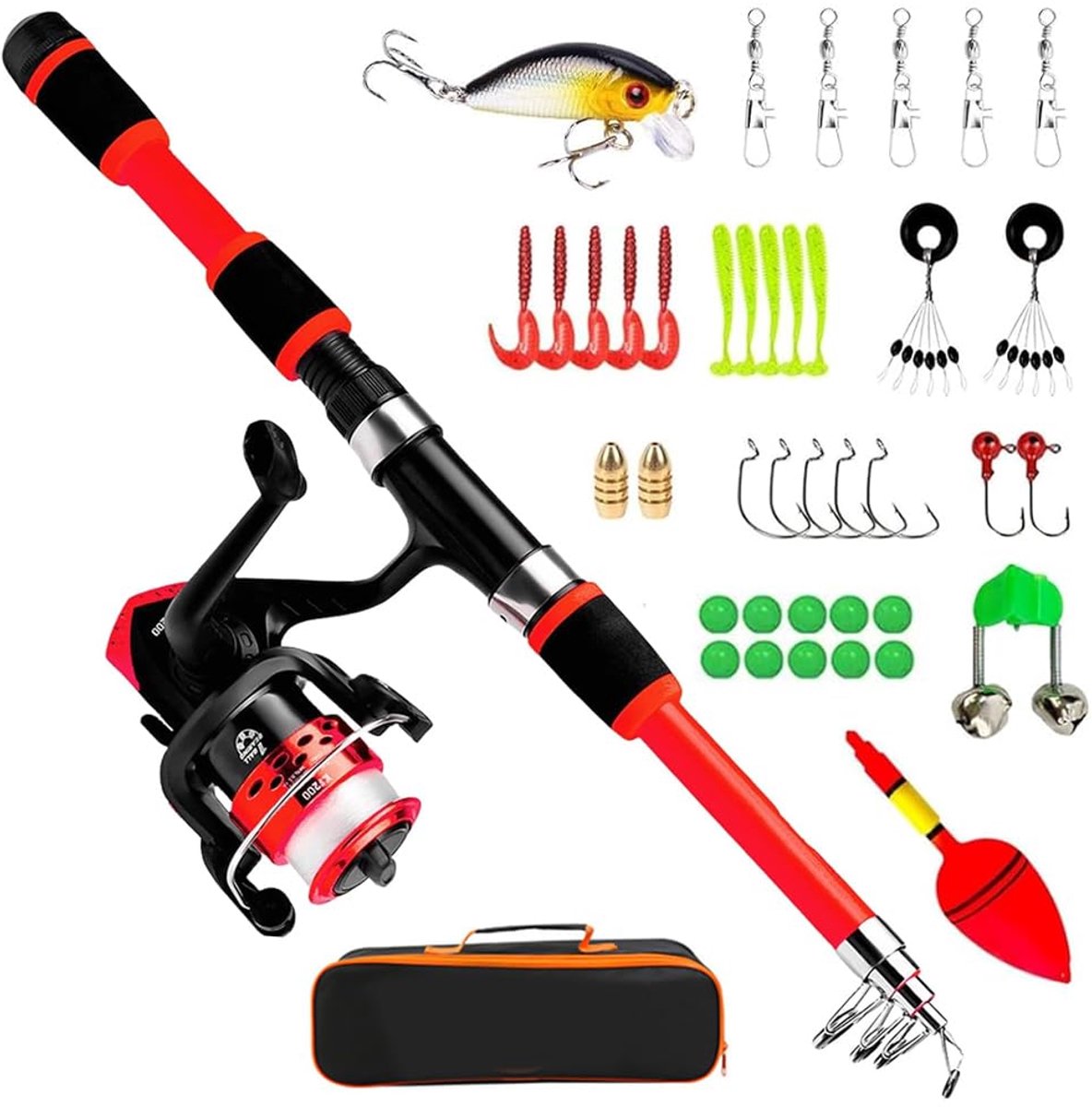SnelShoppen - SKIKHN Kinderhengelset, Complete Starterset met Vismolen, Telescopische Hengel, Aas en Draagtas voor Kinderen van 3-10 Jaar, Perfect voo