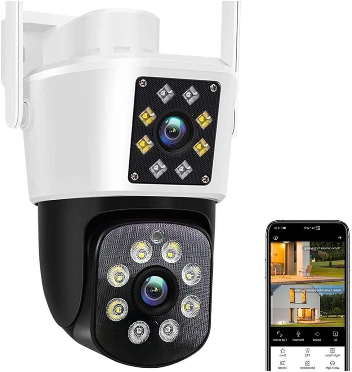 Beveiligingscamera Buiten - WIFI Camera PTZ - Huis Beveiligen - Dubbele Lens Dual Screen - 10MP HD - Wit