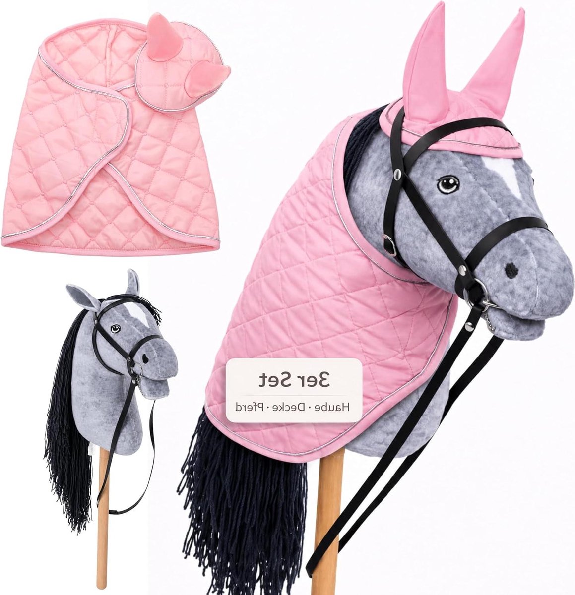 Hobbypaard Set - Steekpaard Stokpaard - Actief Spelen - Compleet met Deken Vliegenkap - 35 cm Staaf