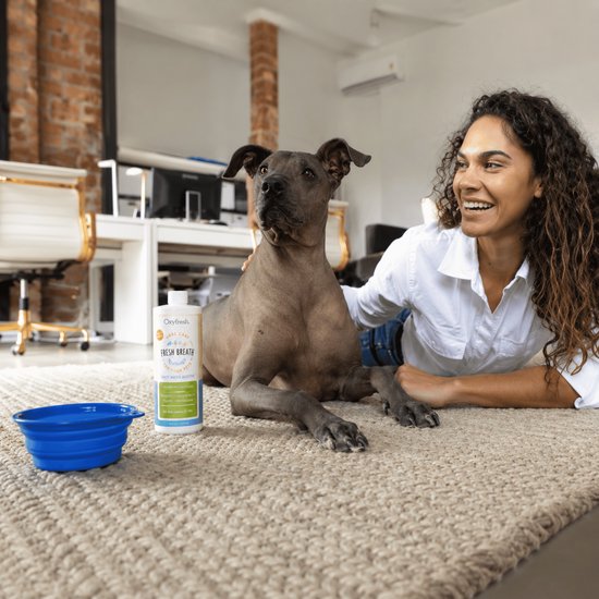 Grote grijze hond en een lachende vrouw liggen op een kleed naast een flesje "OxyFresh Fresh Breath" en een blauwe voerbak.