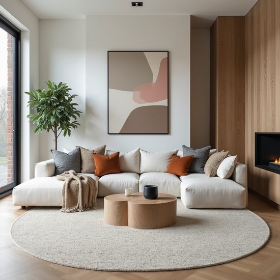 Een lichte, ronde vloerkleed met gemeleerde textuur ligt in het midden van een woonkamer met een witte modulaire bank, houten salontafel en kunst aan de muur.