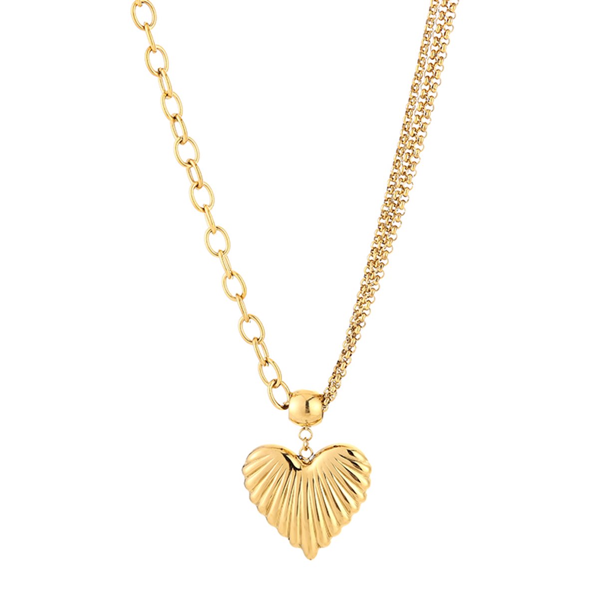 Modieuze Roestvrij Stalen Ketting - Gelaagde Schakelketting met Bewerkt Hartje - Stainless Steel Sieraad - Goud