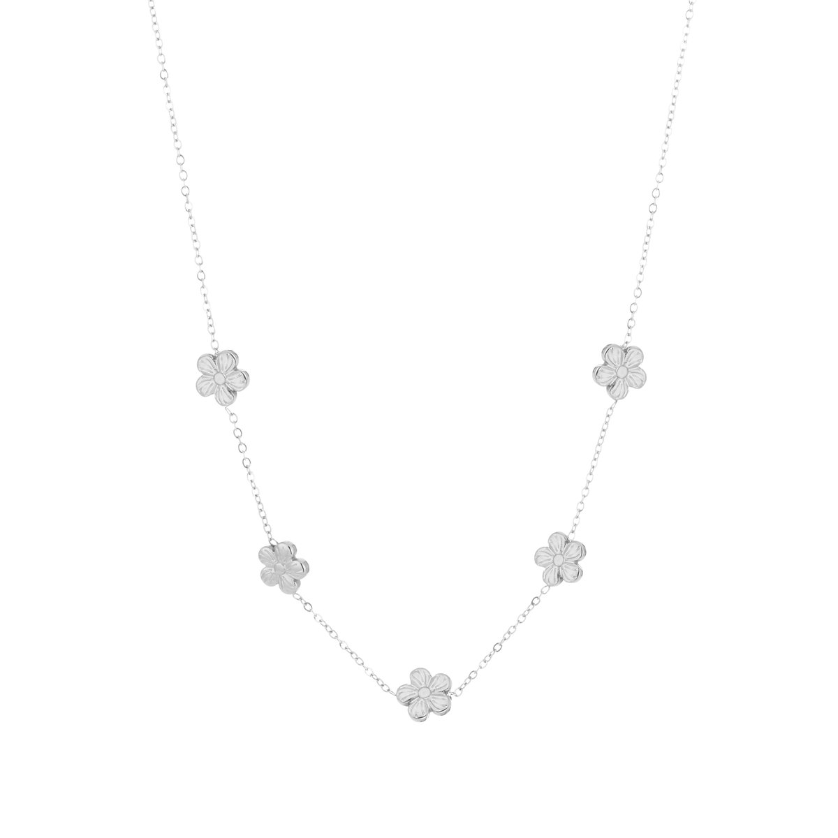 Luxe Schakelketting Stainless Steel - Elegante Ketting met Bloemen Bedels - Chique Dames Sieraad - Zilver