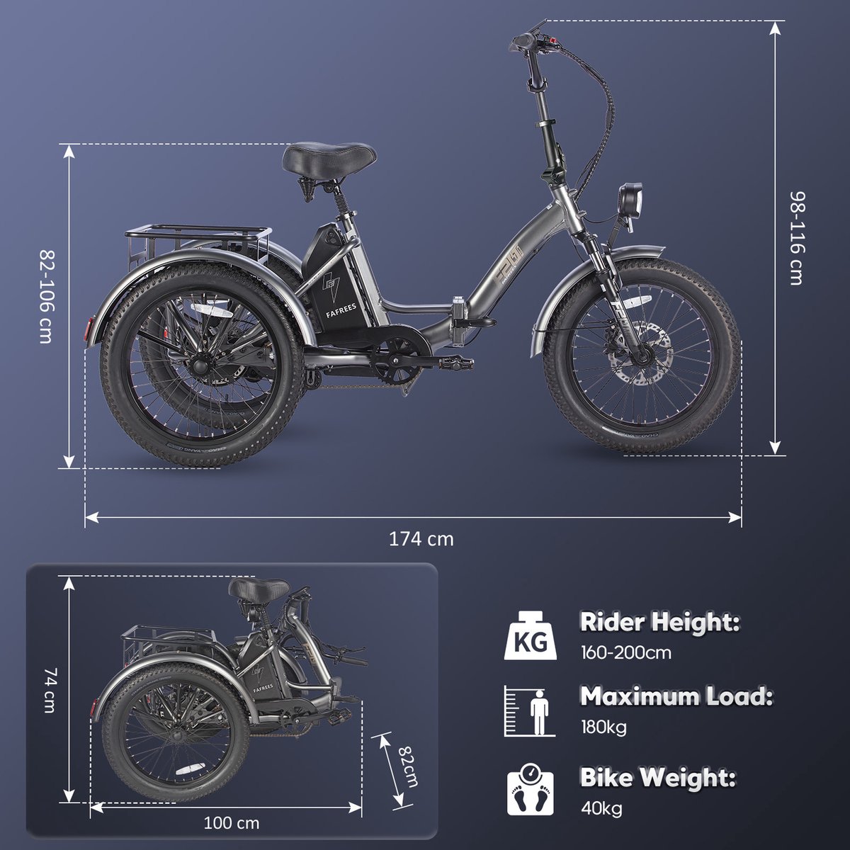 Fafrees F20 Mate Elektrische Driewieler - Opvouwbare Cargo E-Bike - 250W Motor - 48V 20Ah Accu - 20x3.0 Inch Brede Banden - Hydraulische Schijfremmen - Max 180kg Belasting thumbnail 4