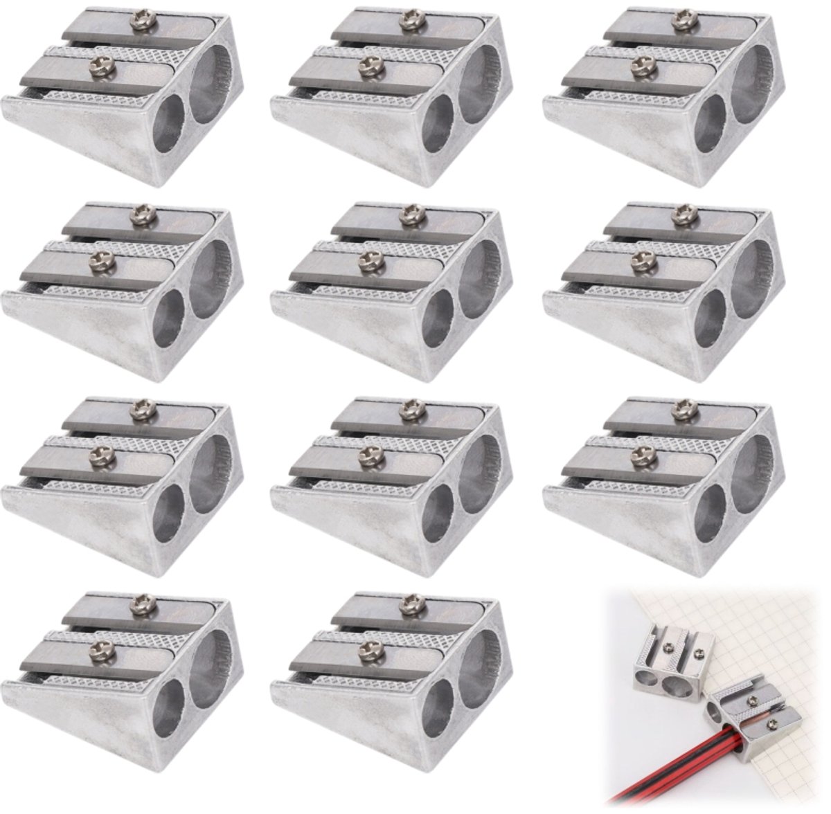 12 stuks-Puntenslijper met dubbel gat - Puntenslijper - Aluminiumlegering - Puntenslijper - Schoolbenodigdheden - Geschikt voor thuis en school - Zilver - 23*24*12 mm - Diameter 8/11 mm