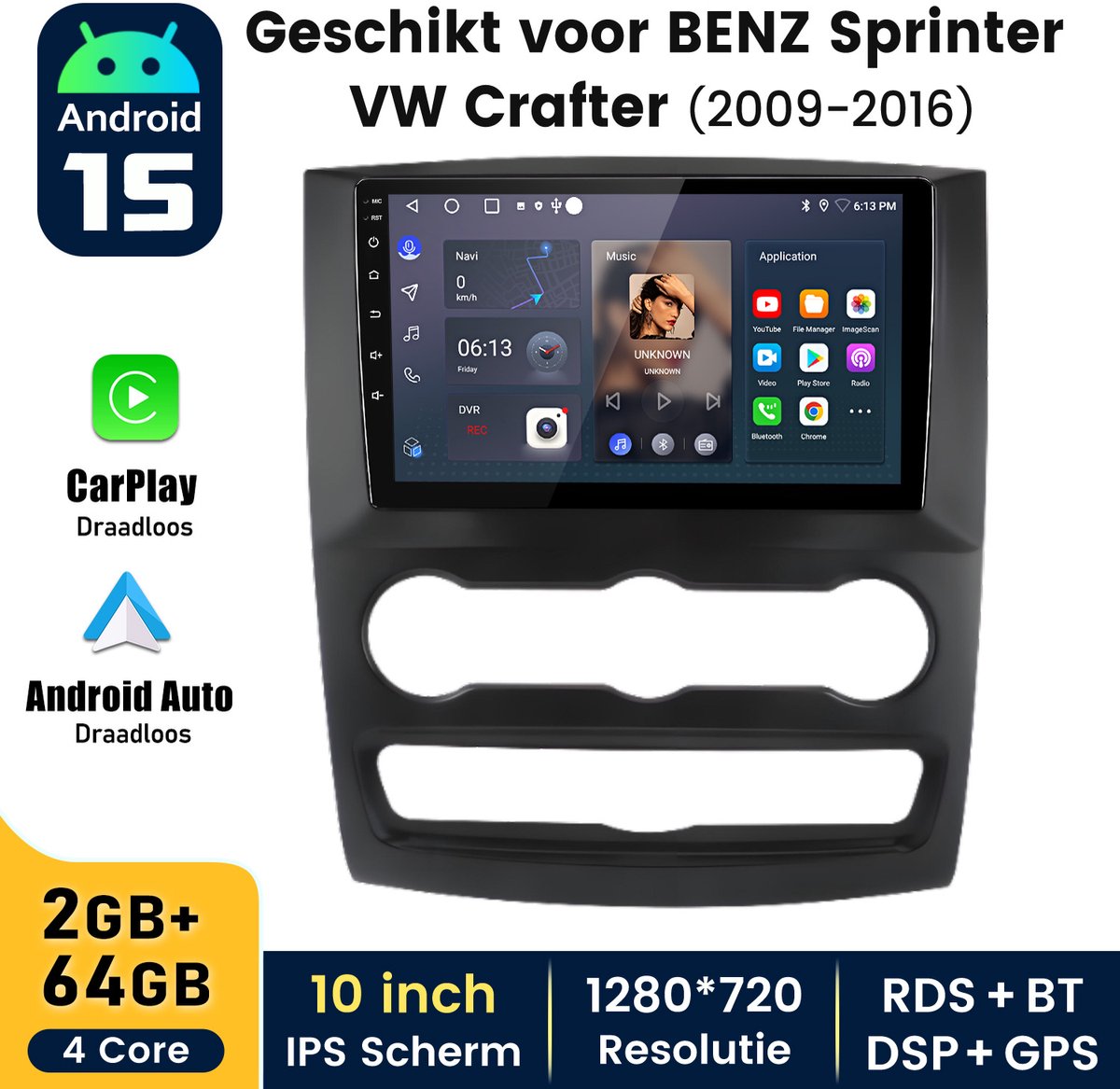 HexinexMarket - 2GB+64GB Autoradio Geschikt voor Mercedes-Benz Sprinter VW Crafter (2009- 2016) - Draadloos CarPlay, Android Auto, GPS Navi, multimediaspeler